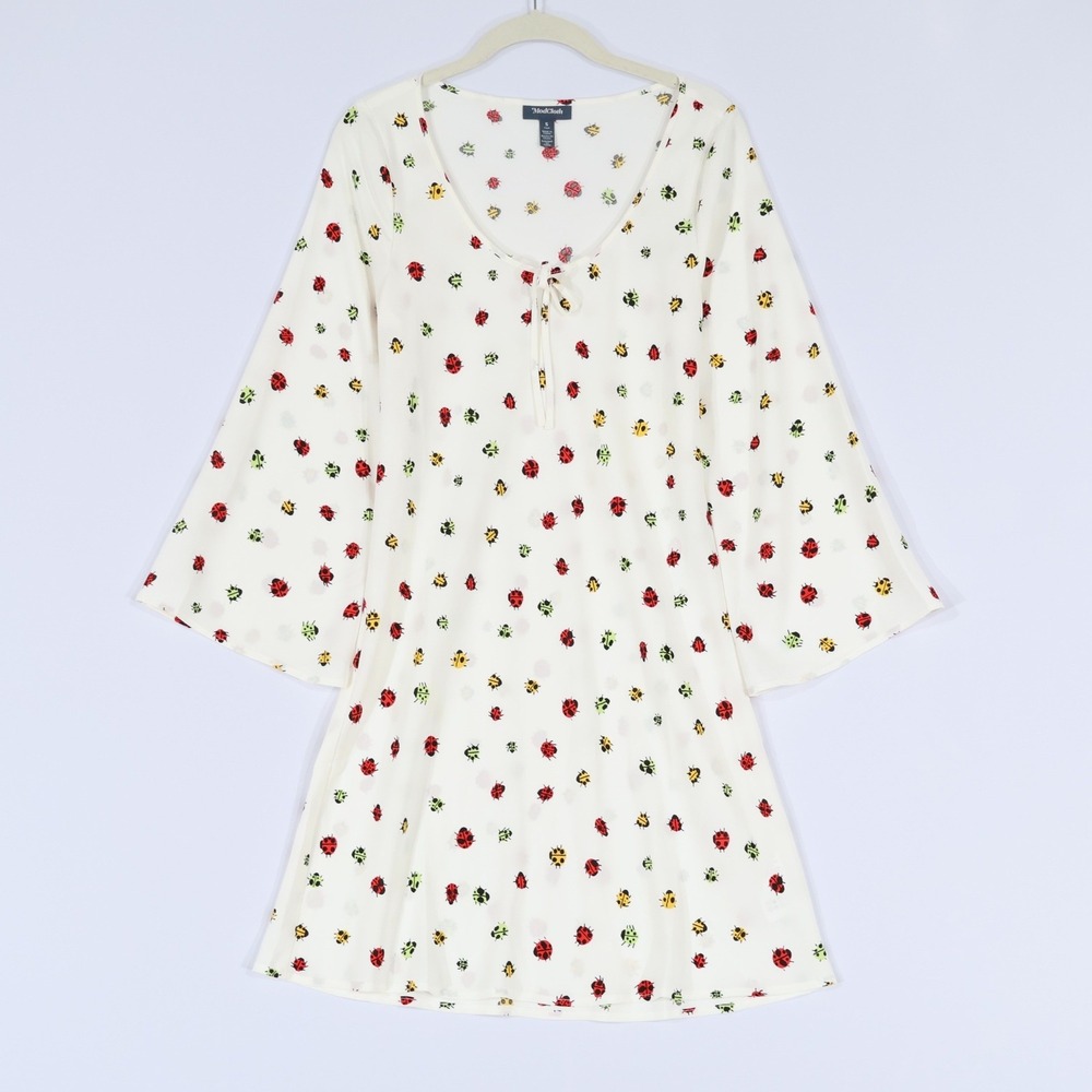ModCloth Ladybug Print Bell Sleeve Mini Dress Women Size S White Retro Boho NWOT